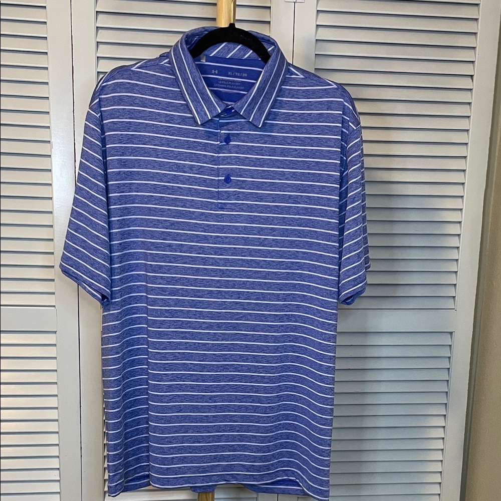 EUC - Under Armour Blue and White Striped Polo Shirt